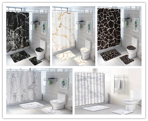 Marble Print Shower Curtain 4 Piece Carpet Cover Toilet Cover Bath Mat Pad Set Bathroom Curtain with 12 Hooks